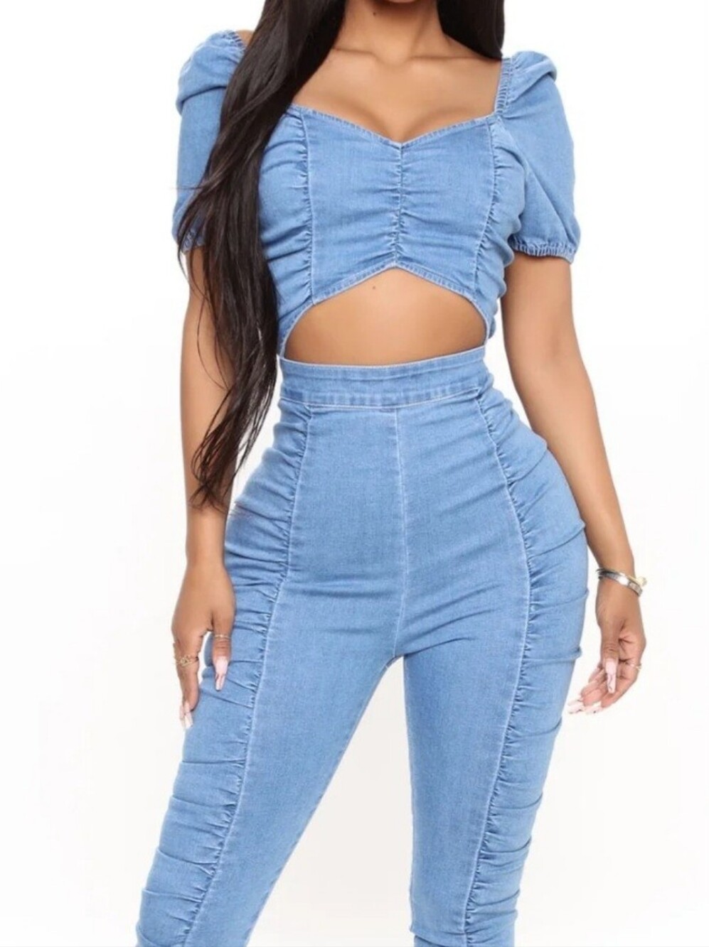 Light Blue High-Waist Ruched Denim Jumpsuit